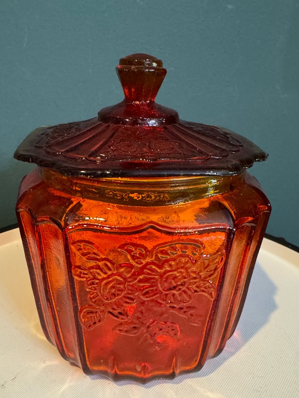 Vintage Mayfair Amberina Red Glass Covered Cookie Jar with Lid